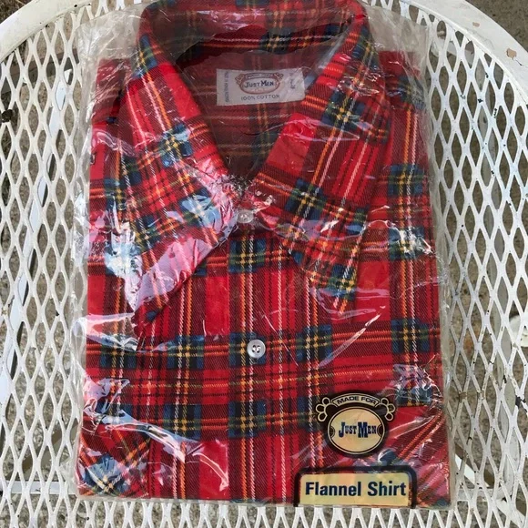 Mens vintage flannel shirt large plaid red blue gold 1970s new old stock - Picture 6 of 6